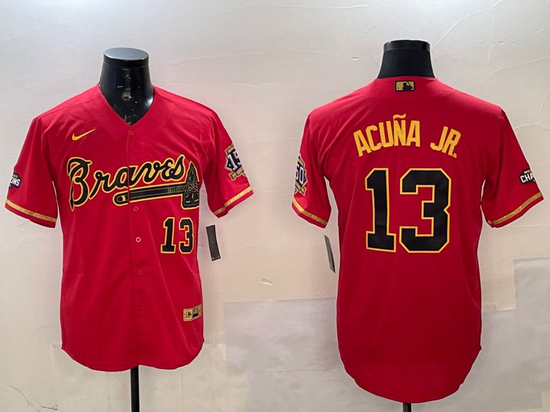 Men Atlanta Braves 13 Acuna jr Red gold Game 2025 Nike MLB Jersey style 3